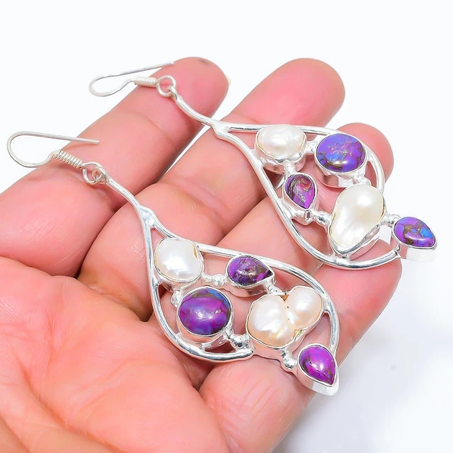 Copper Purple Turquoise, Pearl 925 Sterling Silver Jewelry Earring 3.15" m108