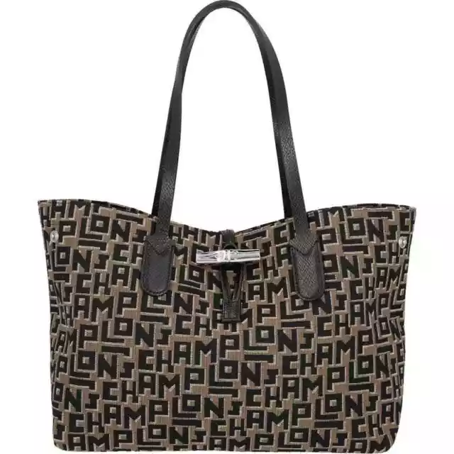 Longchamp Roseau Essential LGP Canvas Bag Tan Black Monogram Tote Shopper