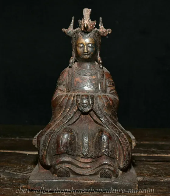 10" Old Chinese Bronze Bird Head Kwan-yin Guan Yin Bodhisattva Statue