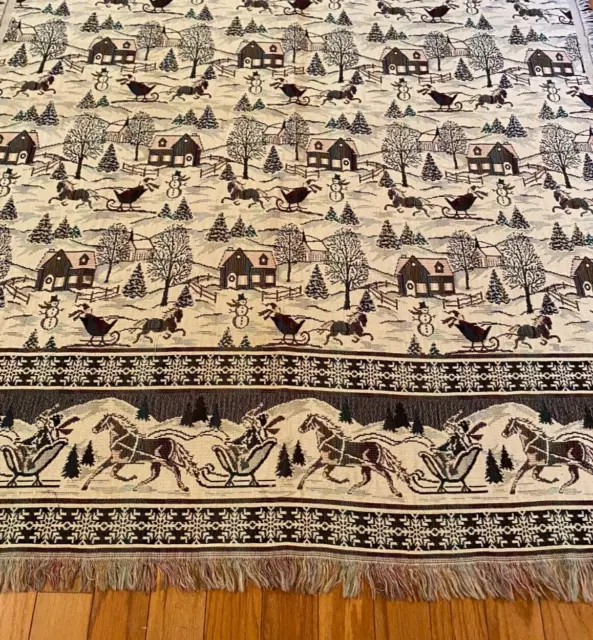 Vintage SLEIGH RIDE Tapestry Blanket COMING HOME Winter 68x52 Cotton Throw Horse