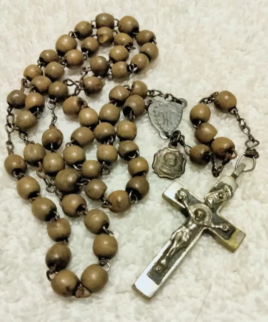 Antique 19th C Wood Bead Rosary Ebony & Brass Crucifix