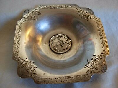 OLD 800 SILVER DISH ETCHED DESIGN SET WITH TURKISH OTTOMAN COIN - 45 grams - #1