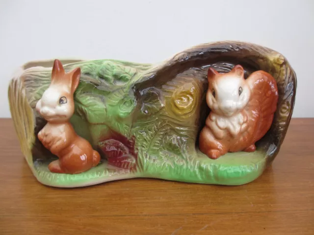 Vintage Withernsea Eastgate Pottery Fauna Style Long Planter Squirrel Rabbit Log