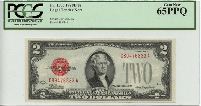 1928D $2 Legal Tender Note Red Fr# 1505 PCGS GEM 65 PPQ