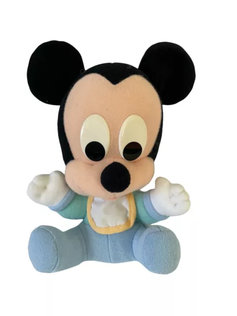 Vtg Disney Baby Mickey Rattle Plush 8" Blue Bib PJ's Mattel 1990 Stuffed Animal