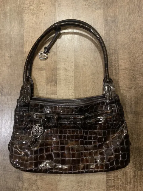 Brighton Brown Leather Croc Bucket Heart Handbag Shoulder Bag Purse P4