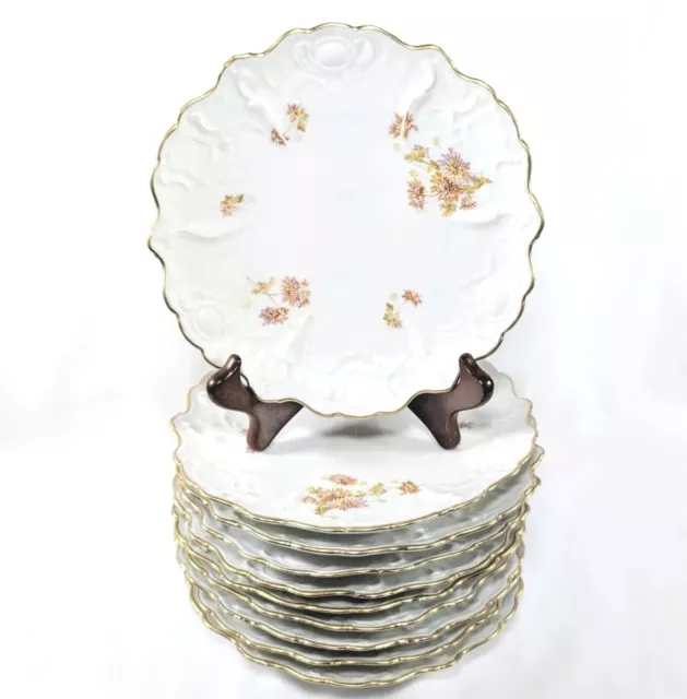 Set Of 10 ANTIQUE GILDED Weimar Hand Painted Porcelain Plates W/ Scalloped Edges