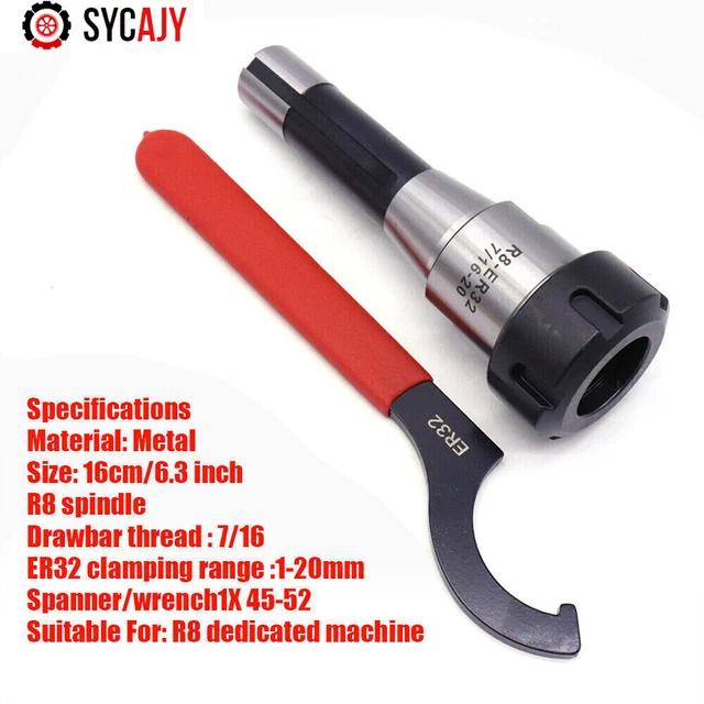 Metal 7/16" R8-ER32 Collet Chuck R8 spindle ER32 Clamping Range:1-20mm Spanner