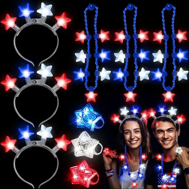 9 Pack 4th of July Party Favor, 4th of July LED Light Up Necklace Headband Ring