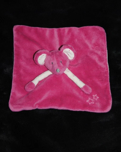 Doudou plat souris rose OBAIBI OKAIDI dessous blanc étoiles fuchsia nez gris 2