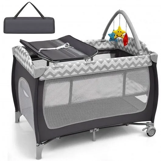 3-in-1 Portable Baby Playard with Zippered Door and Toy Bar-Gray - Color: Gray