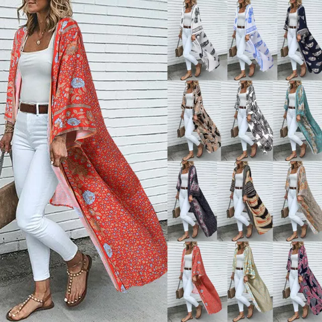 UK Womens Summer Kimono Cardigan Coat Holiday Beach Bikini Cover Up Maxi Dress 3