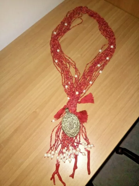 Collana Rossa/Bordeaux Lunga ,Decorazioni E Portafortuna Corno Fatta A Mano