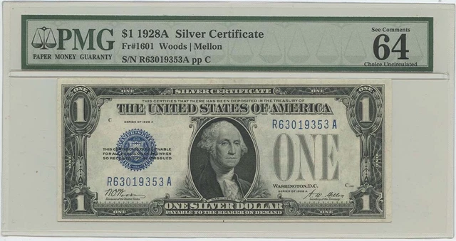 1928A $1 Silver Cert FR#1601 PMG 64 CH UNC EPQ