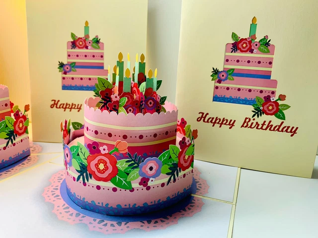 ORIGAMI POP CARDS Birthday Cake with Pink Purple Flower 3D Pop Up ...
