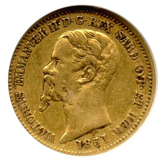 Italy/Sardinia  1851 Emperor EMANUEL II  Gold 20 Lire coin,  NGC certified XF-40