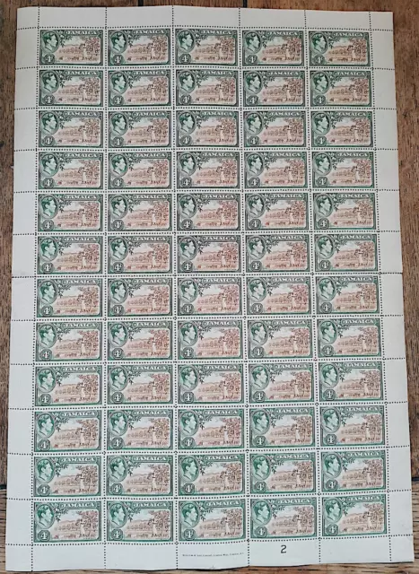 JAMAICA 1939 3d SG 127 BROWN AND GREEN COMPLETE SHEET (PLATE 2) BLOCK OF 60 UM