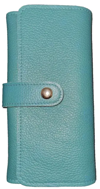 Ladies Natural Handmade Cow Grain Leather Wallet with Button,Green Color, BL-302