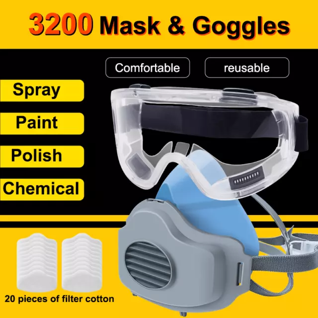 Half Face Gas Mask Work Safety Chemical Respirator 20Pcs Cotton Filter + Glasses