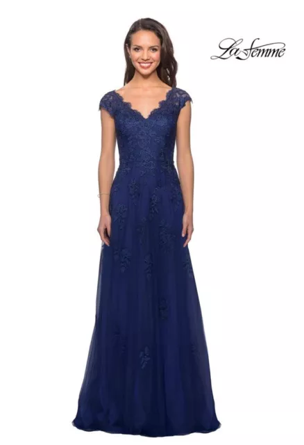 La Femme Womens Plus Size 20 Blue 26942 Embellished Tulle & Lace A-Line Gown New