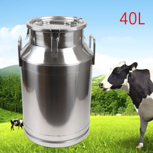 Milk Can Wine Pail Bucket Tote Jug w/ Lid Stainless Steel Can Restaurant 40L