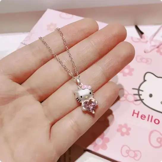 Hello Kitty Silver Necklace with Pink Gem Stone New