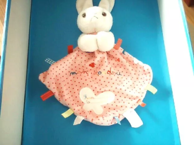 Doudou 6917 / Plat Lapin Blanc "Nicotoy" Mouchoir Rose Pois-Papillon-Etiquettes