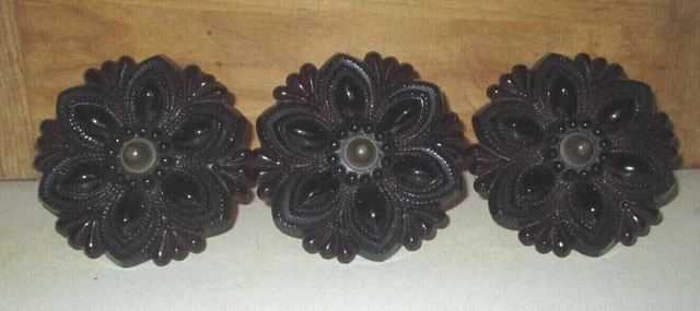 3 Antique 4 1/2" Dark Amethyst Purple Pressed Glass Flower Curtain Tie Backs