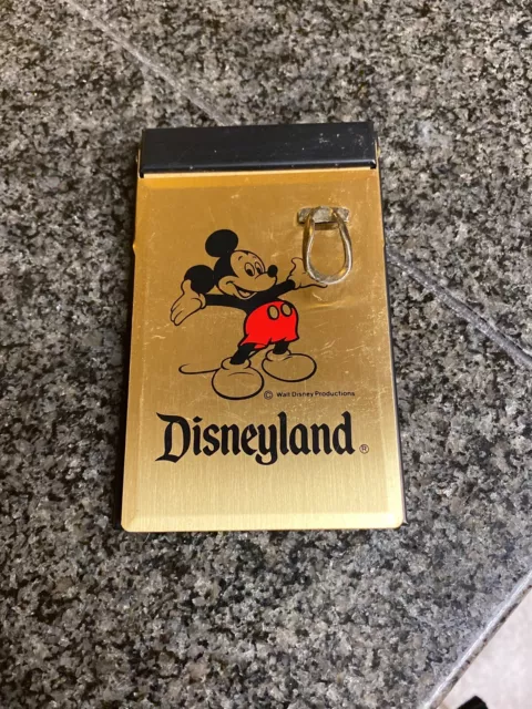 Vintage Disneyland Mickey Mouse Memo Metal Notepad Pen Holder Gold Lid