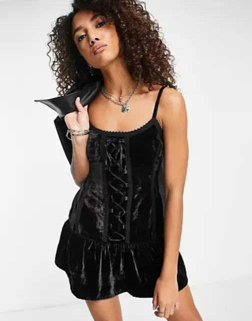Reclaimed Vintage Mini Velvet Corset Dress Black With Lace Up Ties sz 12 Bnwot
