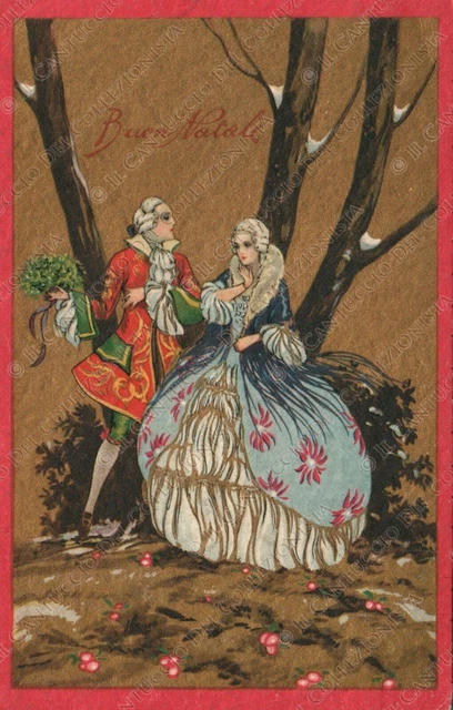1929 Buon Natale coppia di innamorati Cartolina