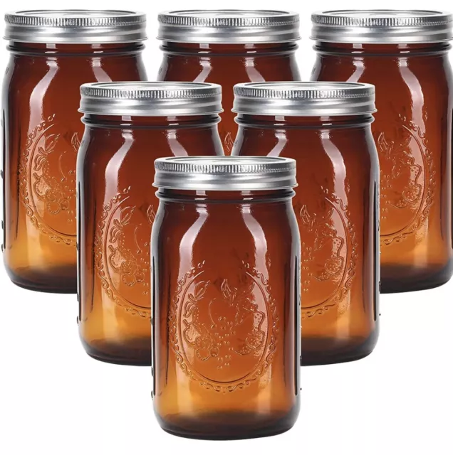 Amber Glass Mason Jars 32 Oz Wide Mouth with Airtight Lids and Bands 6 Pack Larg