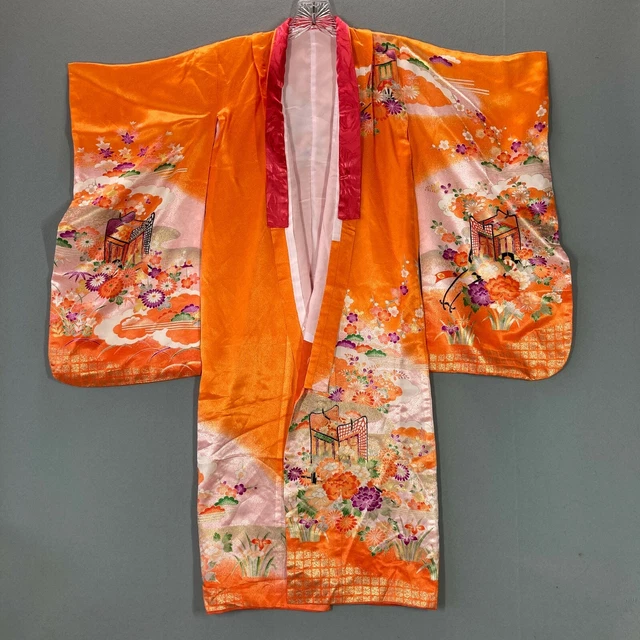 Vintage Japanese Kimono 50s 60s Mod Psychedelic Print Tie Front Girls Orange