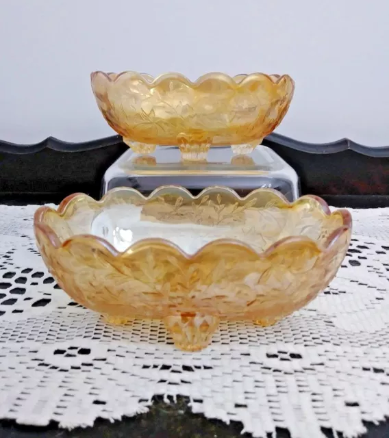 Vintage Pair of Embossed Marigold Amber Carnival Glass Oval Footed Bowls Dish