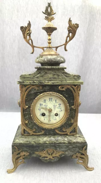 Beautiful French Green Marble and Gold Art Nouveau Clock, 8-day Japy Movement