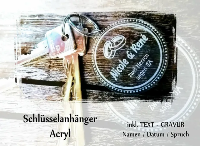 1 Schlüsselanhänger Acryl - klar - inkl. Gravur - Rund mit Ringe  -z.b. Hochzeit