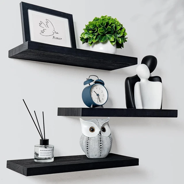 Black Floating Shelves, 17 Inch Wall Shelf Set of 3, Rustic Wood Shelves for Wal