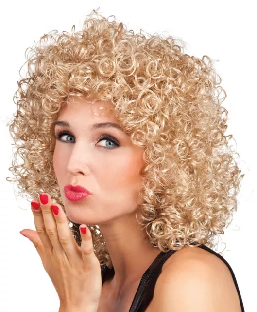 Ladies Blonde Curly Wig Perm Boogie Disco 80s Fancy Dress Costume Accessory