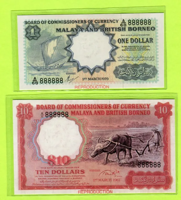 Malaya British & Borneo 1 10 Dollars 1959 1961 P8 9a UNC - Reproduction # 888888