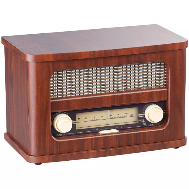 auvisio Nostalgisches Stereo-FM-Radio 12W, Holz, Akku, Bluetooth, USB Ladeport