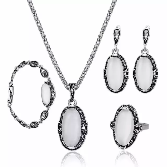 Schmuck-Set Halskette-Ohrringe-Armband-Ring Silber,Weiß