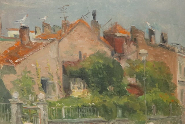 Peinture expressionniste à l'huile vintage maison avec paysage de mouettes...