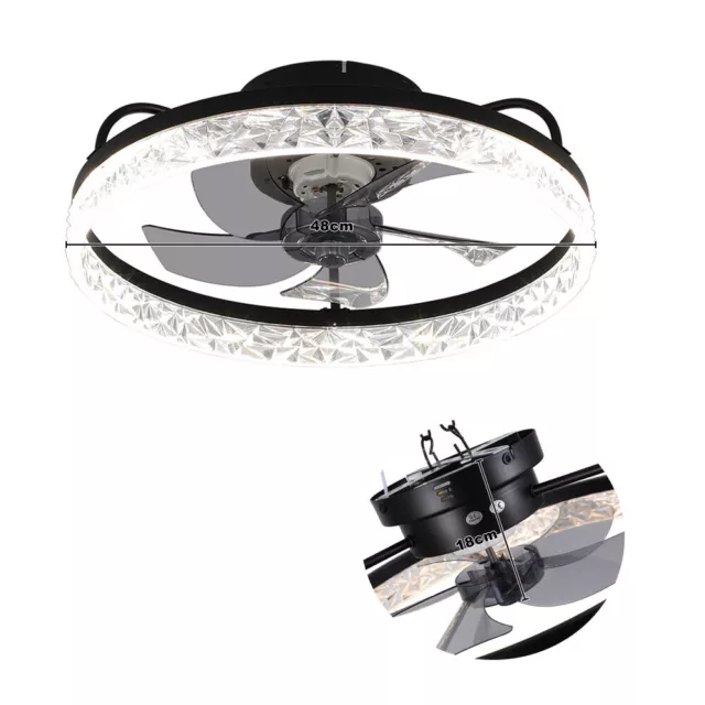 Modern LED Ceiling Fan Light Dimmable Crystal Chandelier Lamp App+Remote Control