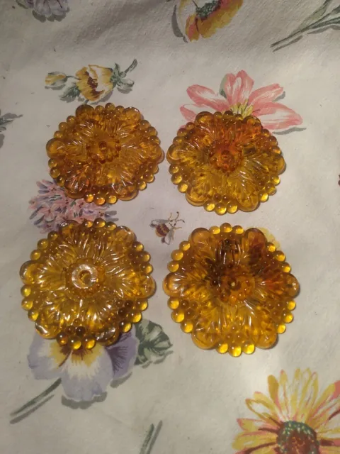 Vintage Pressed Glass Rosette Flower Curtain Tie Backs  Set Of Four Amber 4.25"