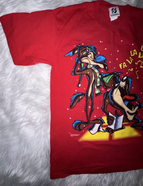 VTG 90s Wile E Coyote-Taz -Looney Tunes Signal Artwear Singing Red T-shirt Large 3