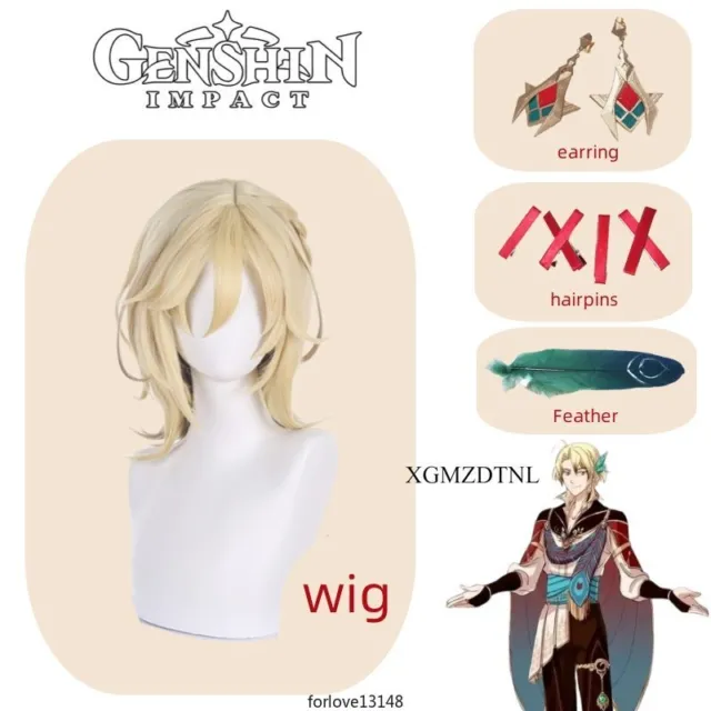 Genshin Impact Cosplay Gold Wig Anime Role Play Wigs Earring Hairpins Feather