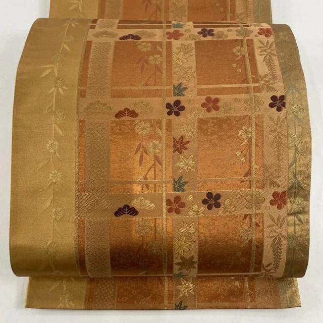 Japanese Kimono Obi Pure Silk Orange Color Foil Embroidery For Semi Formal