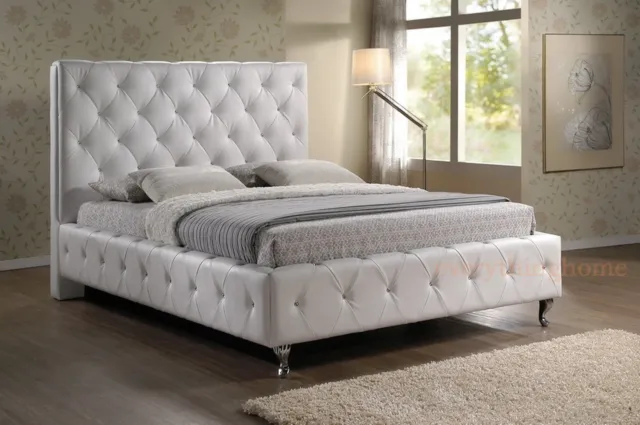 King Modern White Faux Leather Padded Crystal Tufted Platform Bed Frame