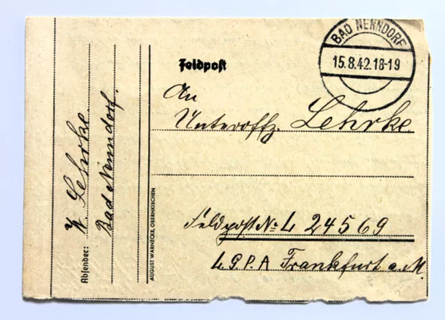 Feldpostbrief 1942 m. Inh. von Bad Nenndorf an schwere Flak Abt. 492