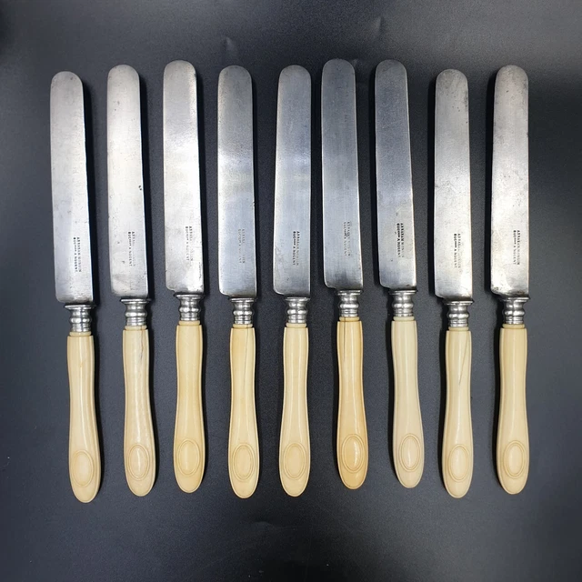 9 beaux grands couteaux de table anciens Lame acier Nogent Virole argent XIXe